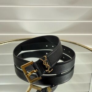 Saint Laurent Monogram Black Leather Belt with Gold Buckle